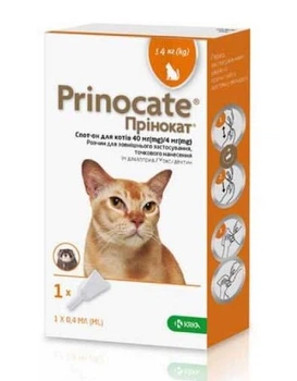 Краплі на холку ''Prinocate'' від зовнішніх та внутрішніх паразитів для котів вагою до 4 кг (№3) KRKA