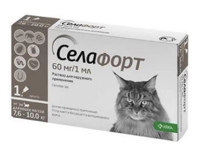 Краплі на холку ''Селафорт'' від зовнішніх та внутрішніх паразитів для котів вагою 7,6-10 кг (№1) KRKA