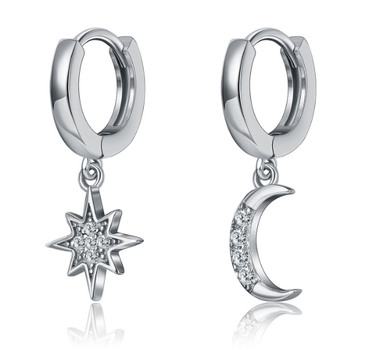 Сережки конго Fashion Jewerly Луна/Звезда ассиметричные в стиле Y2K, покрытие серебро 925, серебристый цвет (SVS)