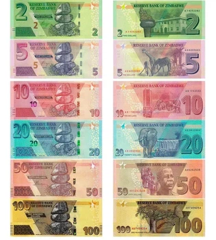 Набір 6 банкнот 2, 5, 10, 20, 50, 100 доларів Зімбабве 2019 - 2020 (2022) рік UNC