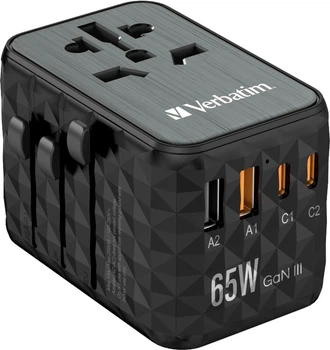 Uniwersalny adapter podróżny Verbatim UTA-05 GaN III 2 x USB-C PD 3.0 QC 4+1xUSB-A QC 3.0+1xUSB-A 65W Black (0023942321200)