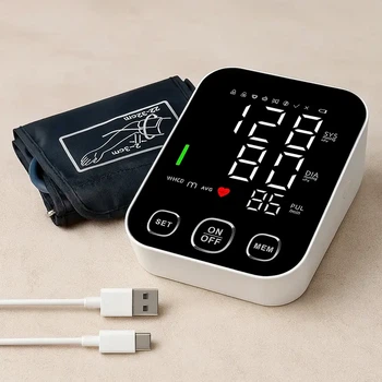 Автоматический тонометр с индикатором аритмии от батареек и USB для измерения артериального давления белый S-04