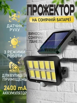 Уличный светодиодный прожектор на солнечной батарее с датчиком движения, автономный LED светильник для двора, сада и фасада дома