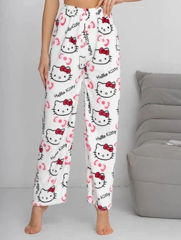 Штаны пижамные плюшевые Hello Kitty белого цвета, теплые домашние штаны Хэллоу Китти L-XL