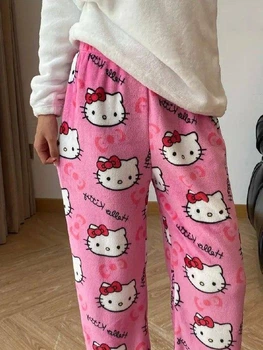 Штани піжамні плюшеві Hello Kitty рожевого кольору, теплі домашні штани Хеллоу Кітті, M-L