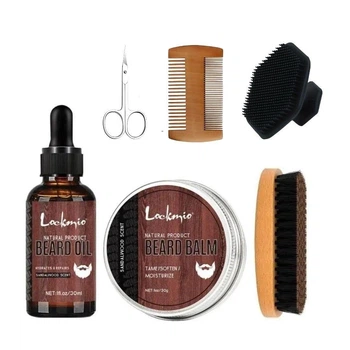 Подарочный набор по уходу за бородой Lockmio Sandalwood 6 в 1: масло 30 мл, бальзам 30 г, щетка, гребень и ножницы
