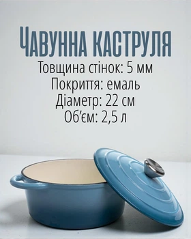 Чавунна каструля з кришкою емальована 2,5 л | Каструля-жаровня з чавуну для тушкування та запікання, синій колір