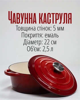 Чавунна каструля з кришкою емальована 2,5 л | Каструля-жаровня з чавуну для тушкування та запікання, червоний колір