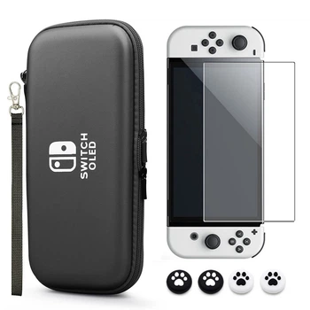 Защитный набор для Nintendo Switch OLED: кейс для переноски, закаленное стекло и накладки на стики Black