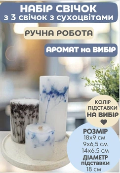 Набір декоративних свічок ручної роботи свічки ароматичні в наборі з 3 шт на підставці з гілочками лаванди та блакитної гіпсофіли