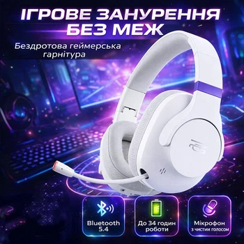 Ігрові навушники бездротові Proove Gaming Bliss з мікрофоном, геймерська гарнітура |BT5.4/AUX, 34 години роботи| White