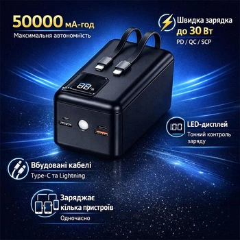 Зовнішній акумулятор повербанк power bank УМБ батарея Kensa KP-91 50000mAh |2USB/2Type-C, 30W/3A, PD/QC, Ліхтарик| Black