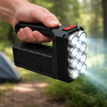 Фонарь аккумуляторный 11 LED+COB с солнечной панелью, мощный ручной фонарь-прожектор с 3 боковыми COB-панелями для дома, дачи, кемпинга и аварийного освещения, USB-зарядка Черный, LF-1780