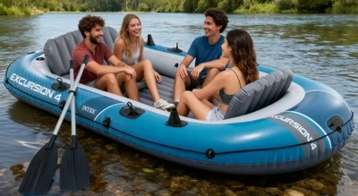 Човен надувний Intex 66324 «Excursion 4» (43*165*315 см, гребний,чотиримісний, трикамерний, весла ↔137 см, насос, 2 спинки, надувне дно, до 500 кг)