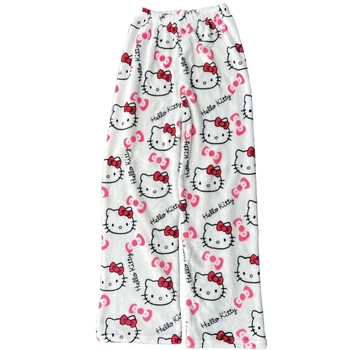 Білі плюшеві піжамні штани Hello Kitty — Пухнасті домашні брюки з принтом Хелоу Кітті, теплі жіночі штани для сну та дому в естетиці Soft Girl L