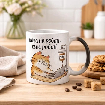 Чашка хамелеон С БЛЕСТКАМИ и с надписью "Кофе на работе – смысл работы"