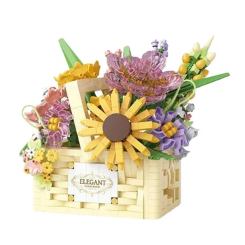 Конструктор «Цветочная корзина» P1294, 1263 детали, 14.00х11.60х11.00 см, интерьерная 3D модель с подсветкой, Желтый