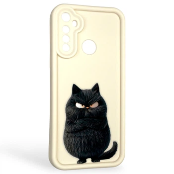 Чехол силиконовый оригинальный Soft Touch с 3D принтом злой котик для Realme C3 молочный (Полная защита камеры)