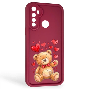 Чехол силиконовый Soft Touch с 3D принтом милый мишка для Realme C3 бордовый (Полная защита камеры)