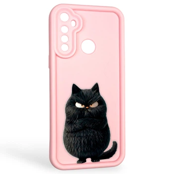 Чехол силиконовый оригинальный Soft Touch с 3D принтом злой котик для Realme C3 розовый (Полная защита камеры)