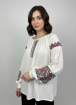 Вишиванка жіноча MOTYV Горпина золота — Льон та бавовна — Біла з вишивкою гладдю| Розмір XL