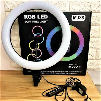 Кольцевая LED лампа 1500 лм 3000K-6000K RGB MJ38 d38см 220V, с пультом управления и креплением для телефона