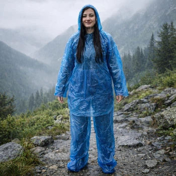 Дождевик с брюками полиэтиленовый водонепроницаемый 2в1 Raincoat Set, защитный дождевой костюм (штаны + куртка) с капюшоном от дождя и влаги, унисекс, размер универсальный Голубой, AH-146-Blue