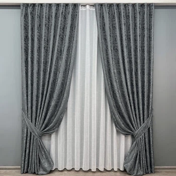 Комплект штор VR-Textil Лен Мрамор 100х270 2шт и Тюль 300х270 1262ш-115т Графитовый с белым 71-124/1