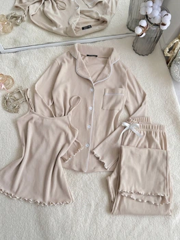Піжама жіноча трійка сорочка майка штани Rebecca Collection L-XL світлий бежевий