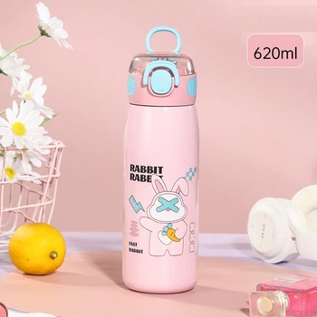 Детский термос с трубочкой 620 мл розовый, для школы и прогулок, из нержавеющей стали, до 10 часов