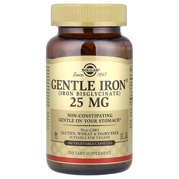 М'яке залізо SOLGAR "Gentle Iron" легкозасвоюване, хелатний бисглицинат заліза, 25 мг (180 капсул)
