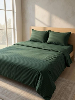 Постільна білизна двоспальна dark green stripe бавовняна 180 х 220 зелена 50 х 70