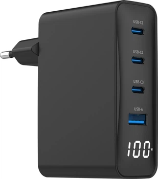 Сетевое зарядное устройство Gembird 1xUSB-A (QC3.0 30W) + 3xType-C (PD 100W) (TA-UC-PDQC100LCD-01-BK)