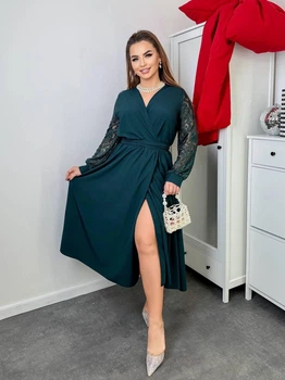 Вечернее праздничное женское платье миди больших размеров с запахом и гипюровыми рукавами Темно зеленый, 48/50