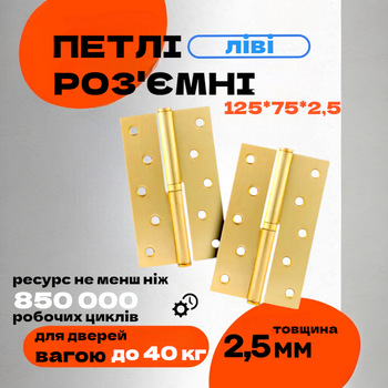 Комплект разъёмных врезных петель карточного типа для деревянных дверей FZB 5*125*75 GP левая Золото