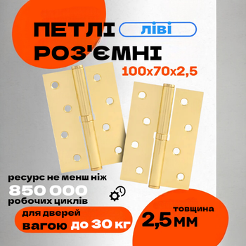 Комплект разъёмных врезных петель карточного типа для деревянных дверей FZB 4*100*70 GP левая Золото
