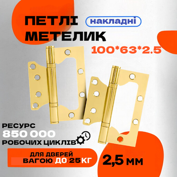Комплект накладних петель-метелик для міжкімнатних та дерев'яних дверей ASTEX 100*63*2BB PB Золото