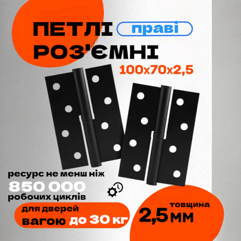 Комплект разъёмных врезных петель карточного типа для деревянных дверей FZB 4*100*70 MB правая Черный