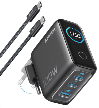 Мережевий зарядний пристрій Anker GaN Charger 100W, 2xUSB-C PD & 1xUSB-A w Display and Cable сірий (7232956)