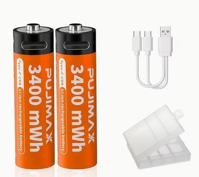Аккумуляторы пальчиковые AA с входом USB Type-C 3400mWh 1.5V аккумуляторные батарейки с разъемом для зарядки в игрушки пульты фотоаппараты мышки фонарики Pujimax 2шт с кабелем