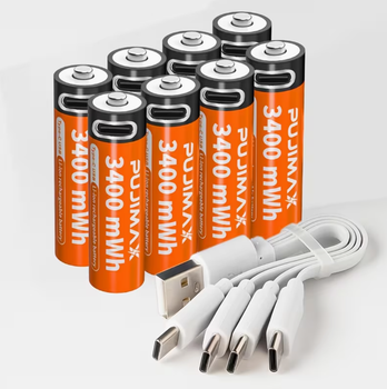 Акумулятори типу «AA» з роз'ємом USB Type-C, 3400 мВт·год, 1,5 В, акумуляторні батарейки з роз'ємом для заряджання: для іграшок, пультів, фотоапаратів, мишок, ліхтариків, Pujimax, комплект із 8 шт