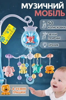 Мобиль на кроватку олень, детская каусель для новорожденных малышей мобили 2в1 с таймером, колыбельные и звуки Голубой (5033A-Вlue)