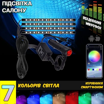 Підсвічування салону автомобіля RGB-4 Light APP Bluetooth управління з телефону, вологозахищене з контролером Android/iOS