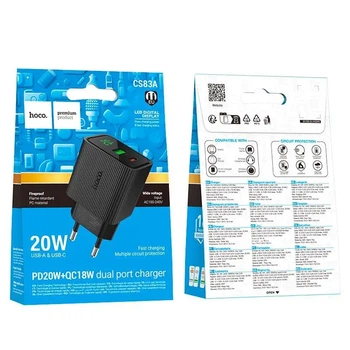 Адаптер мережевий HOCO Excellent charger with digital display CS83A |1USB/1Type C, PD/QC, 20W/3A| black 6942007664523 (Чорний)