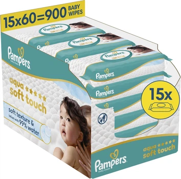 Упаковка детских влажных салфеток Pampers Aqua Soft Touch 60 шт х 15 пачек (900 шт) (8006530140232)