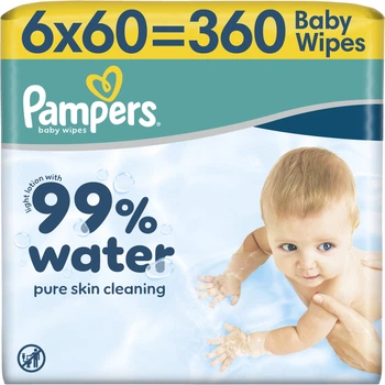 Упаковка детских влажных салфеток Pampers 99% Water 60 шт х 6 пачек (360 шт) (8006530116596)