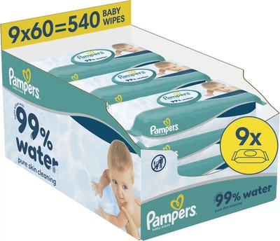 Упаковка детских влажных салфеток Pampers 99% Water 60 шт х 9 пачек (540 шт) (8006530116459)