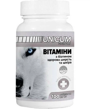 Витамины для собак с биотином для здоровой шерсти и кожи Unicum Premium, 100 табл