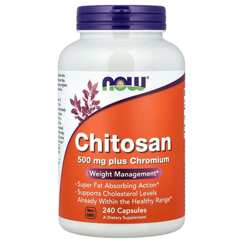 Хітозан NOW Foods "Chitosan" з хромом для схуднення, корекції ваги, абсорбції жирів та нормалізації рівня холестерину, 500 мг / 100 мкг (240 вегетаріанських капсул)