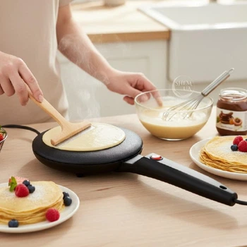 Занурювальна електромлинниця Pancake Pan 600Вт, компактна електросковорідка для тонких млинців з антипригарним покриттям, автоматична млинниця 20 см в комплекті з тарілкою та вінчиком, PCW-65-Black